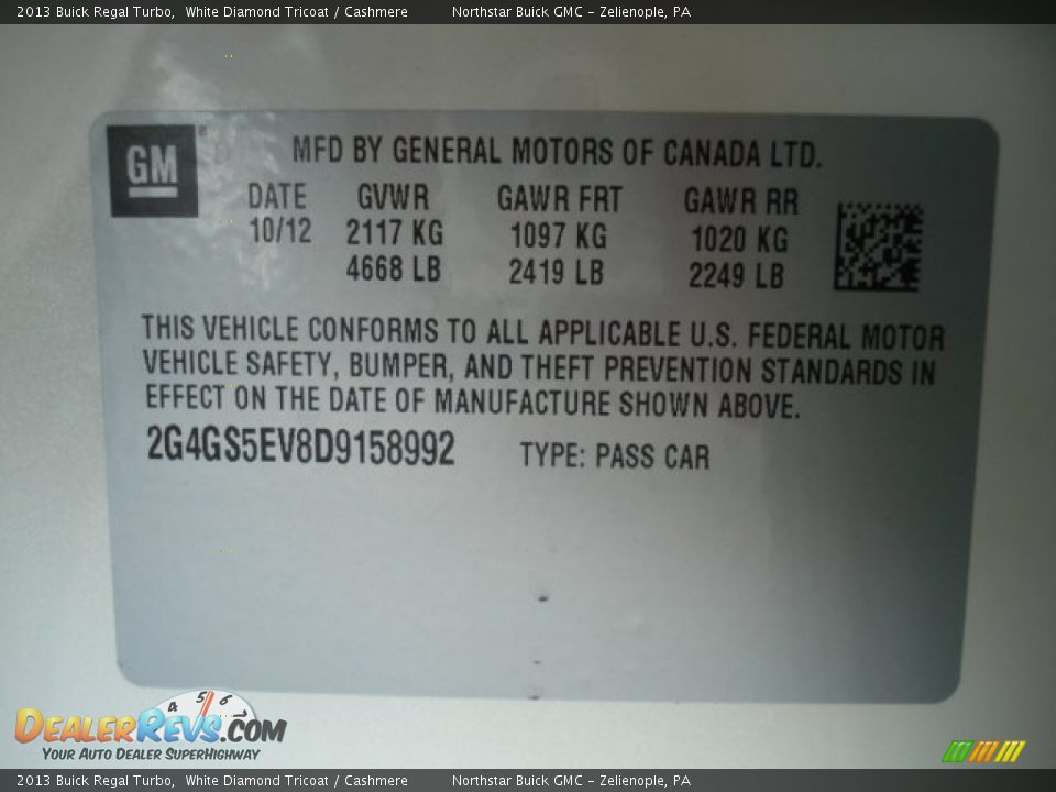 2013 Buick Regal Turbo White Diamond Tricoat / Cashmere Photo #20
