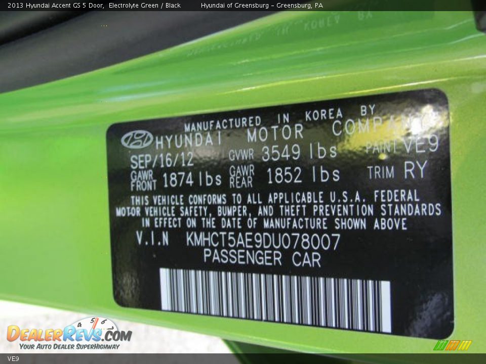 Hyundai Color Code VE9 Electrolyte Green