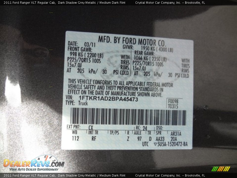 2011 Ford Ranger XLT Regular Cab Dark Shadow Grey Metallic / Medium Dark Flint Photo #22