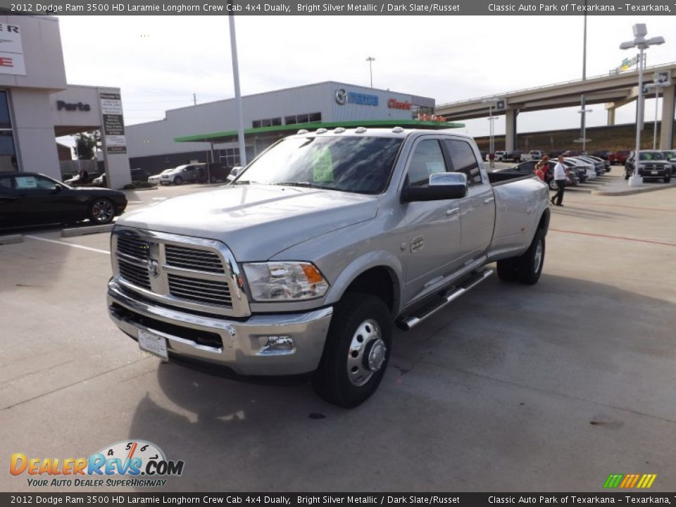 2012 Dodge Ram 3500 HD Laramie Longhorn Crew Cab 4x4 Dually Bright Silver Metallic / Dark Slate/Russet Photo #1