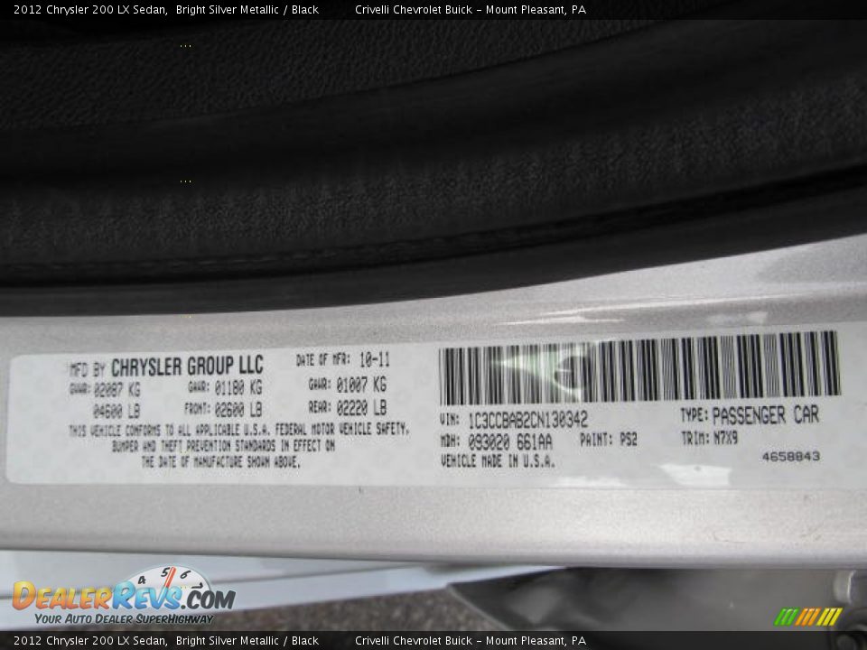 2012 Chrysler 200 LX Sedan Bright Silver Metallic / Black Photo #28