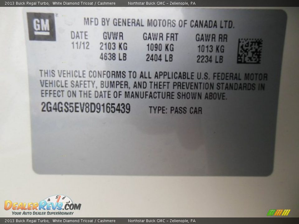 2013 Buick Regal Turbo White Diamond Tricoat / Cashmere Photo #20