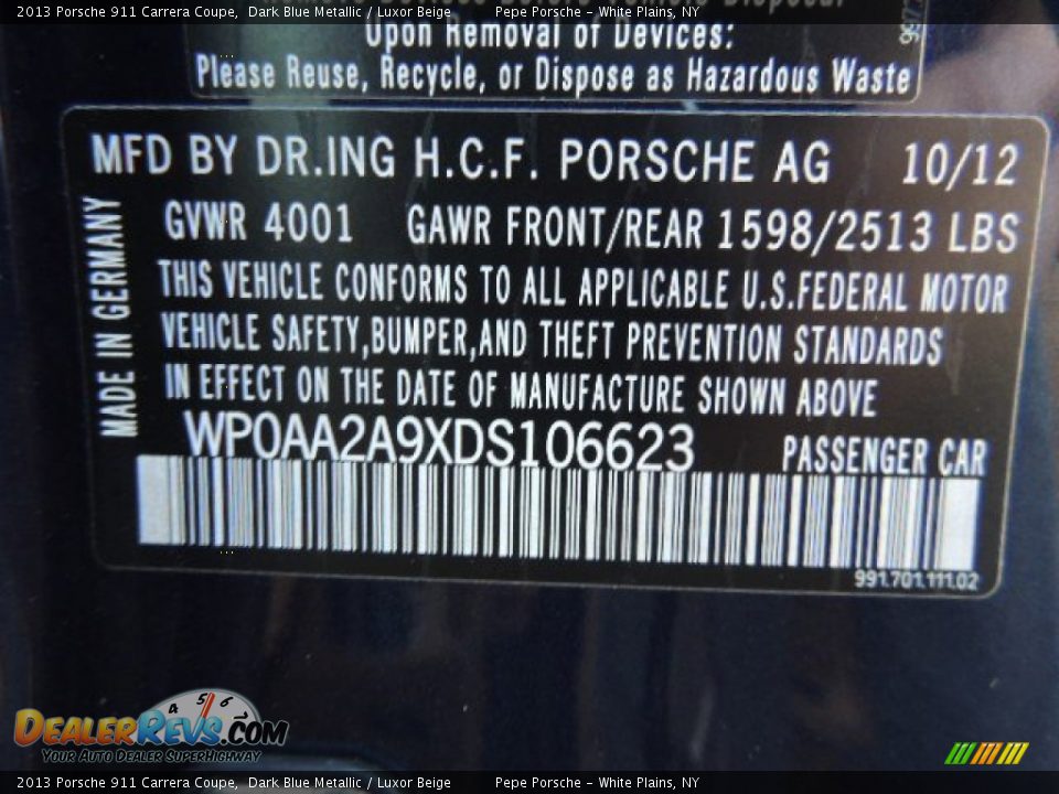 2013 Porsche 911 Carrera Coupe Dark Blue Metallic / Luxor Beige Photo #21