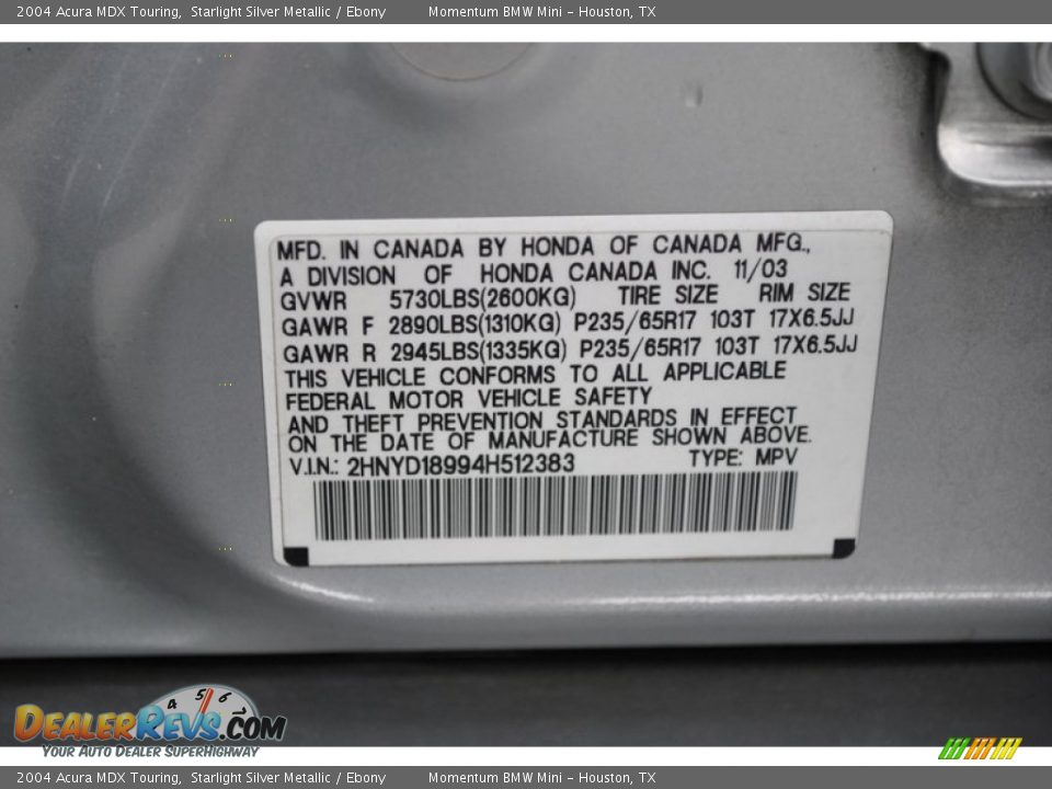 2004 Acura MDX Touring Starlight Silver Metallic / Ebony Photo #10