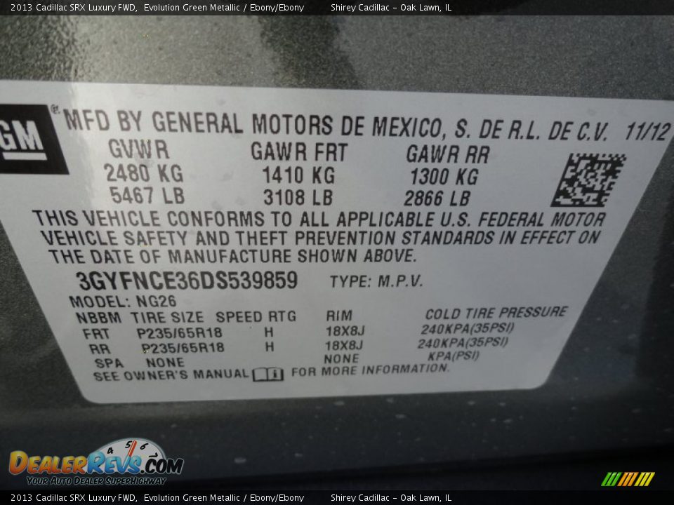 Info Tag of 2013 Cadillac SRX Luxury FWD Photo #16