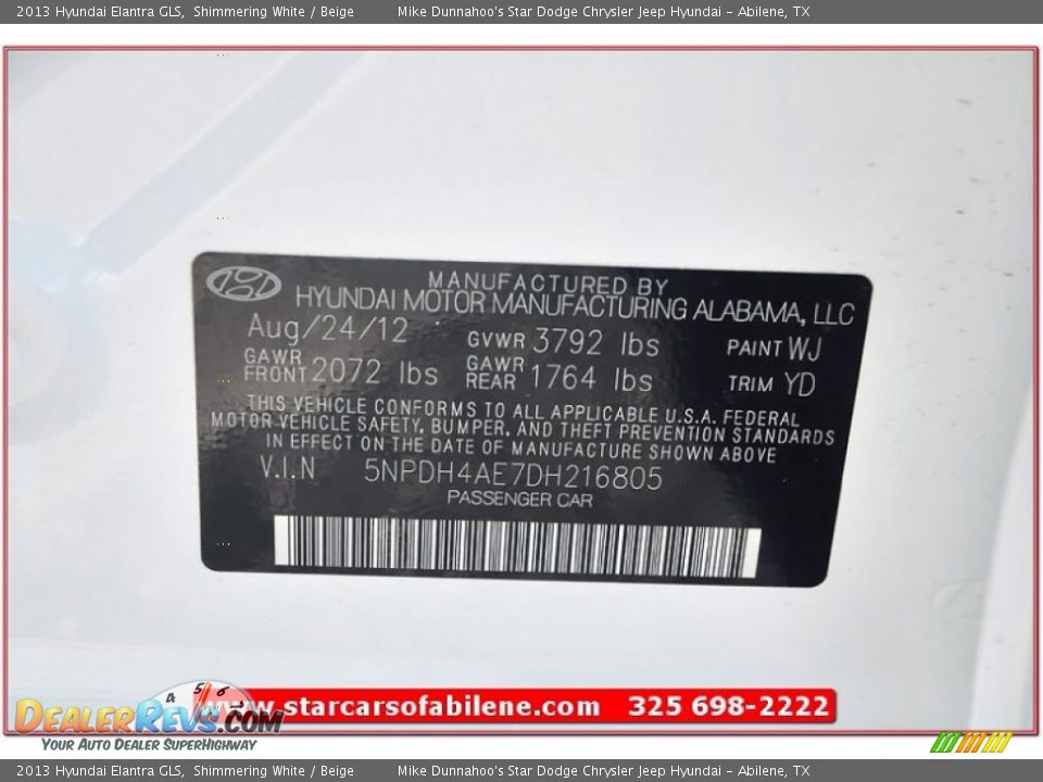 2013 Hyundai Elantra GLS Shimmering White / Beige Photo #10