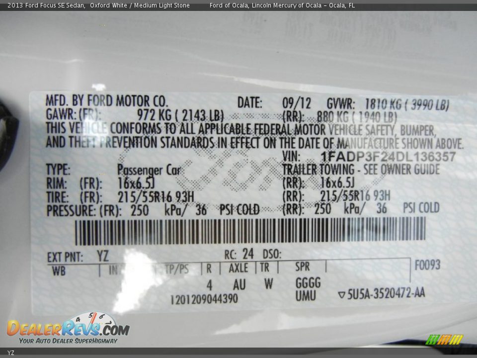 Ford Color Code YZ Oxford White