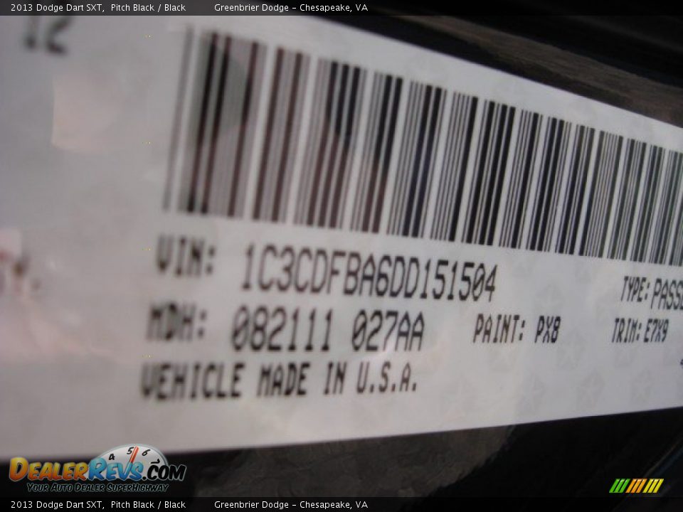 2013 Dodge Dart SXT Pitch Black / Black Photo #21
