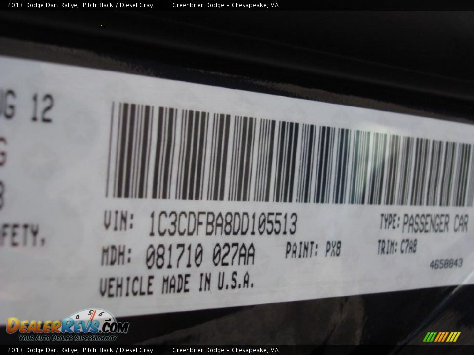 2013 Dodge Dart Rallye Pitch Black / Diesel Gray Photo #18