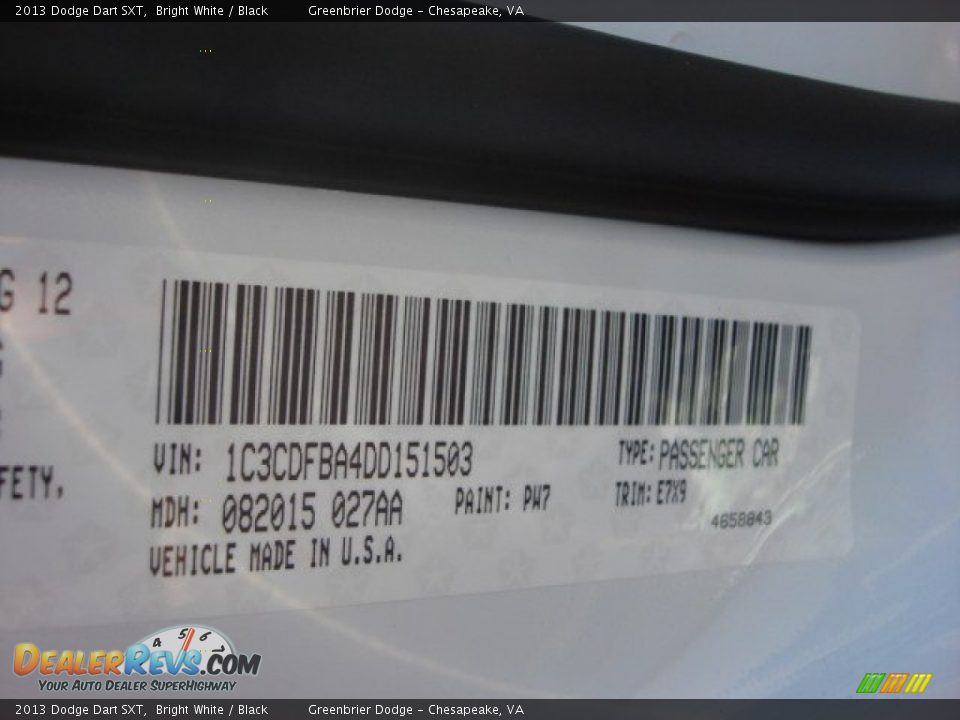 2013 Dodge Dart SXT Bright White / Black Photo #16