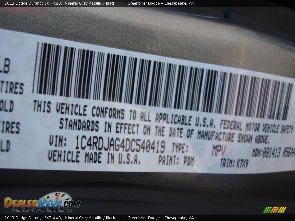 2013 Dodge Durango SXT AWD Mineral Gray Metallic / Black Photo #17
