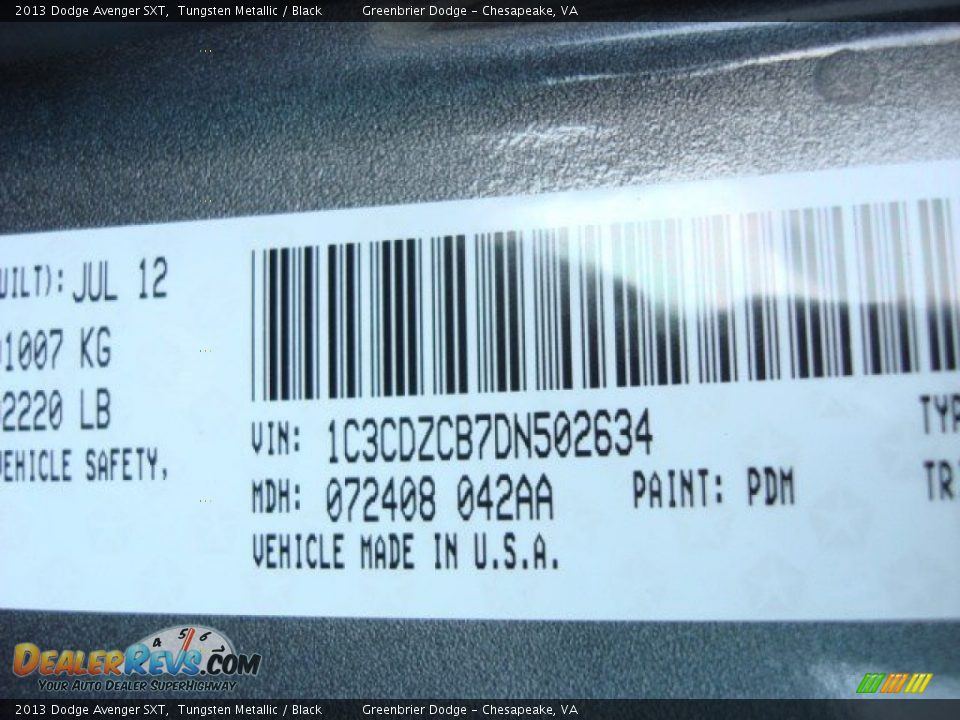2013 Dodge Avenger SXT Tungsten Metallic / Black Photo #18