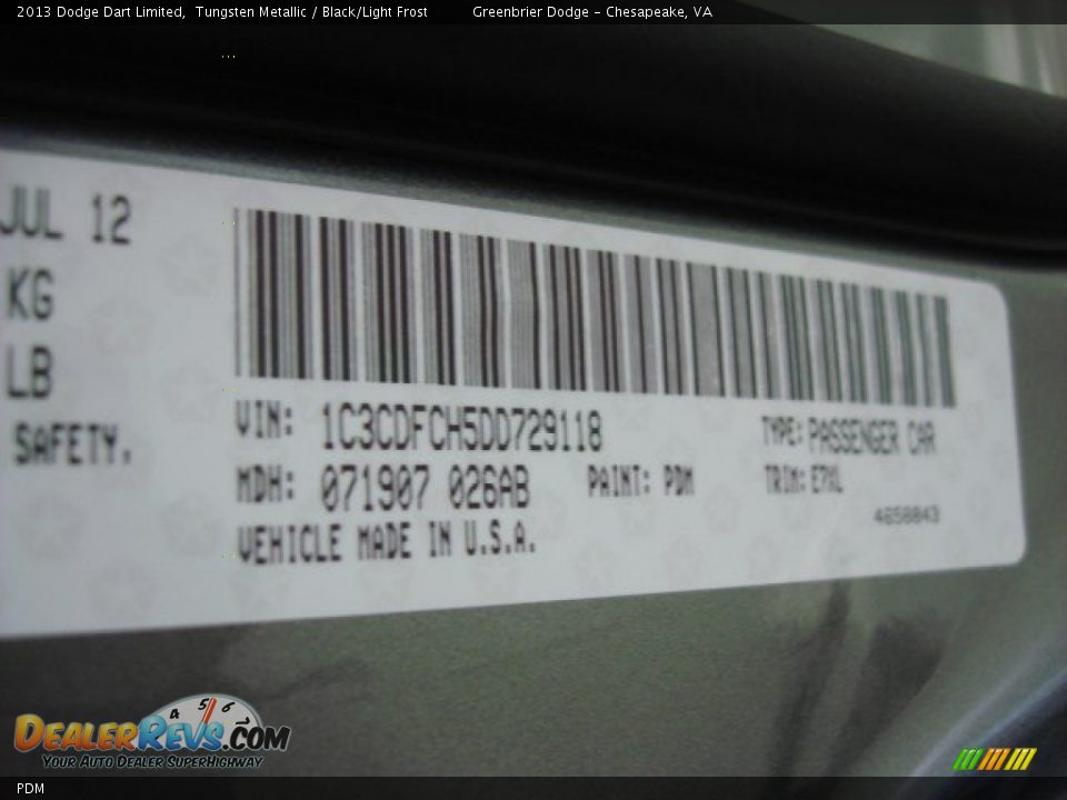 Dodge Color Code PDM Tungsten Metallic