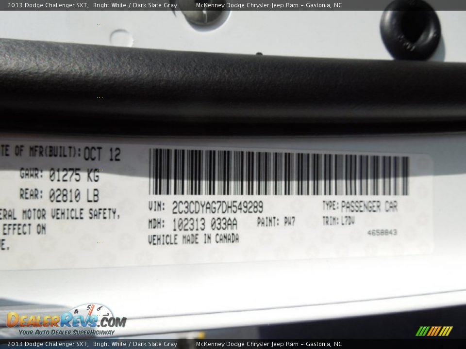 2013 Dodge Challenger SXT Bright White / Dark Slate Gray Photo #7