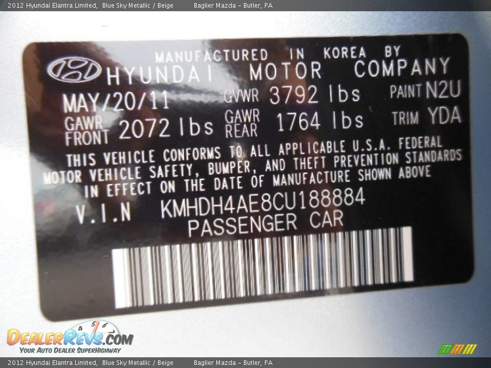 2012 Hyundai Elantra Limited Blue Sky Metallic / Beige Photo #25