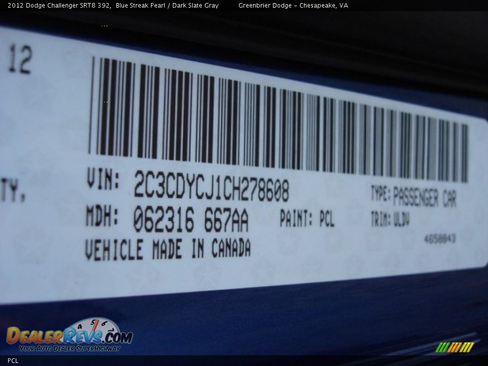 Dodge Color Code PCL Blue Streak Pearl