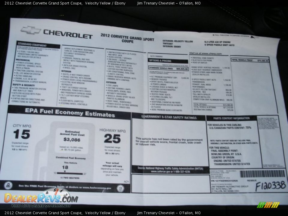 2012 Chevrolet Corvette Grand Sport Coupe Window Sticker Photo #35