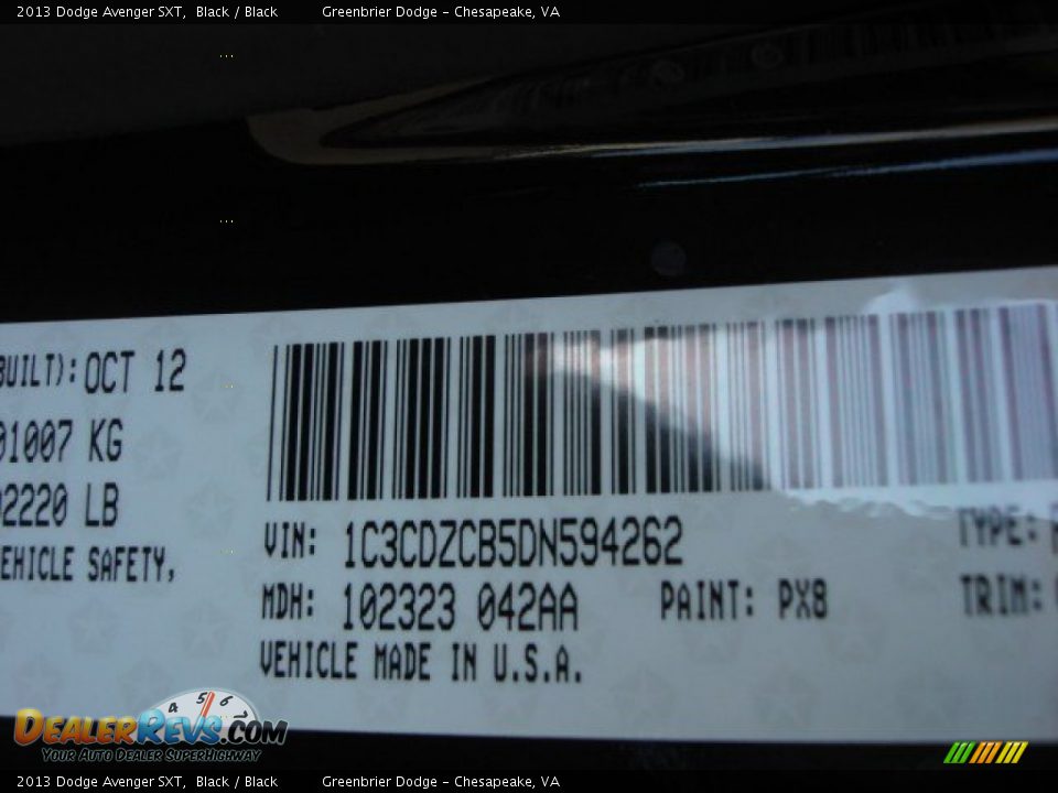 2013 Dodge Avenger SXT Black / Black Photo #17