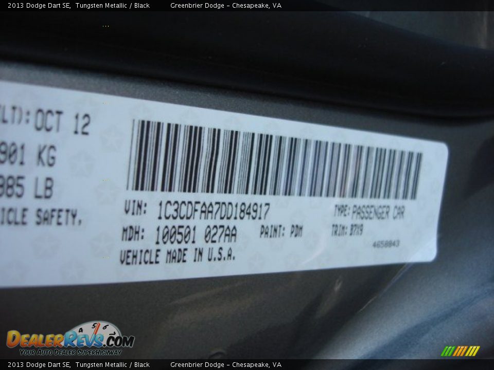 2013 Dodge Dart SE Tungsten Metallic / Black Photo #17