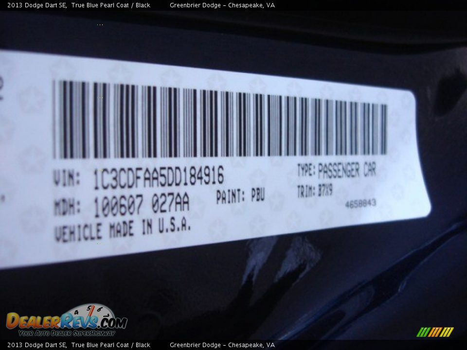 2013 Dodge Dart SE True Blue Pearl Coat / Black Photo #14