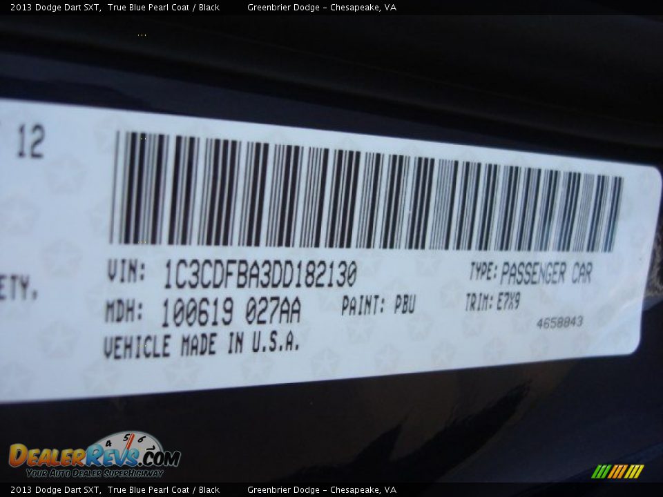 2013 Dodge Dart SXT True Blue Pearl Coat / Black Photo #17