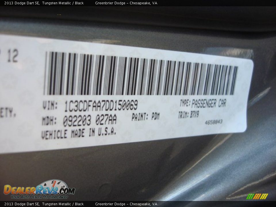 2013 Dodge Dart SE Tungsten Metallic / Black Photo #14