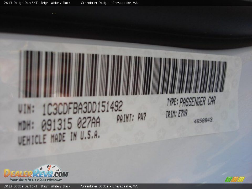 2013 Dodge Dart SXT Bright White / Black Photo #14