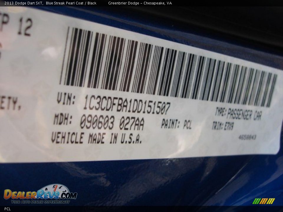 Dodge Color Code PCL Blue Streak Pearl Coat