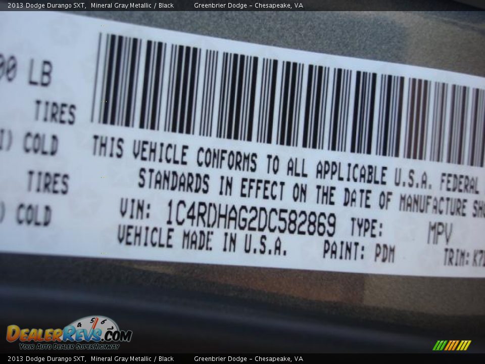 2013 Dodge Durango SXT Mineral Gray Metallic / Black Photo #15