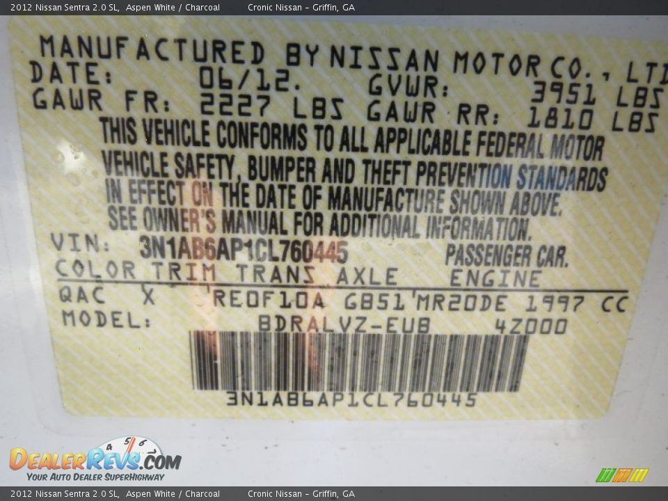 2012 Nissan Sentra 2.0 SL Aspen White / Charcoal Photo #15