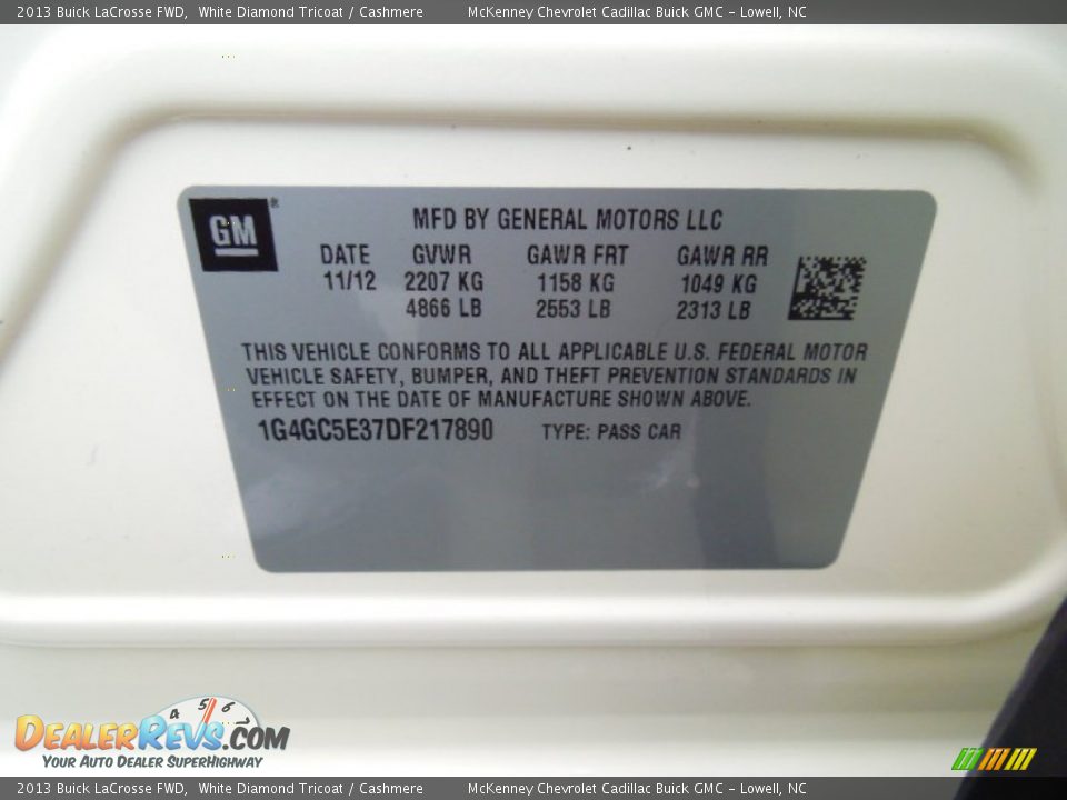 2013 Buick LaCrosse FWD White Diamond Tricoat / Cashmere Photo #7