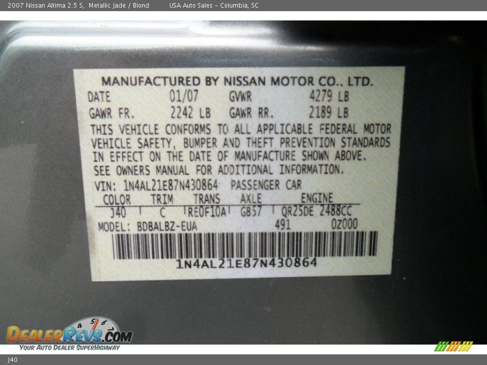 Nissan Color Code J40 Metallic Jade