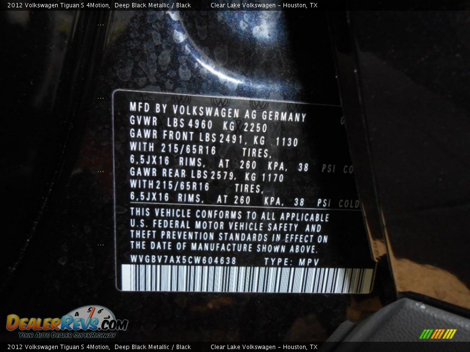 2012 Volkswagen Tiguan S 4Motion Deep Black Metallic / Black Photo #22