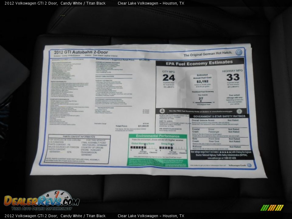 2012 Volkswagen GTI 2 Door Candy White / Titan Black Photo #24