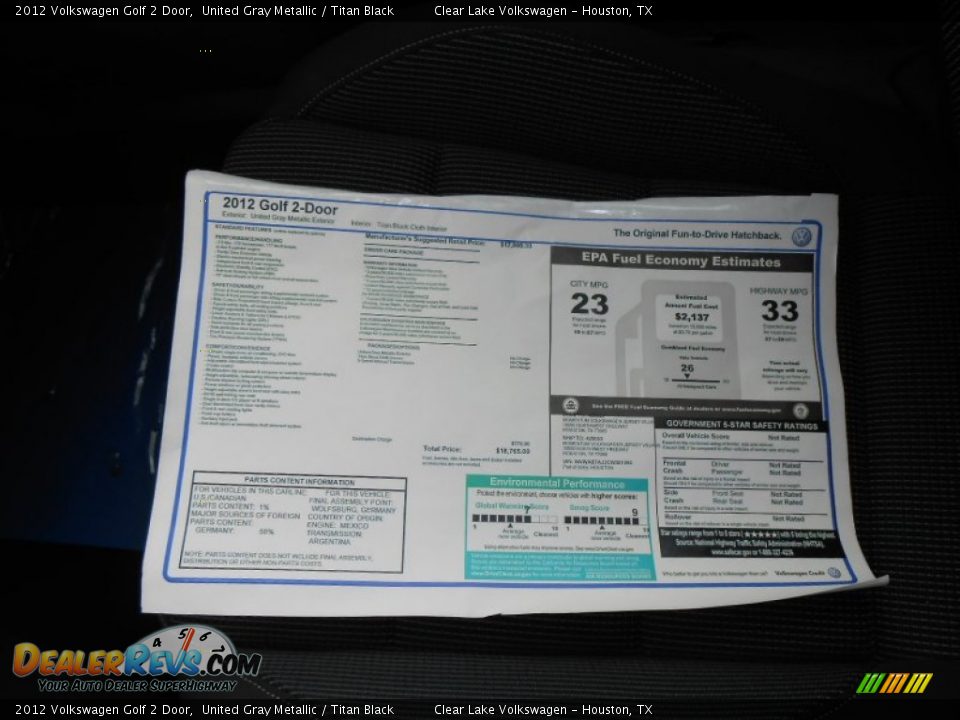 2012 Volkswagen Golf 2 Door United Gray Metallic / Titan Black Photo #20