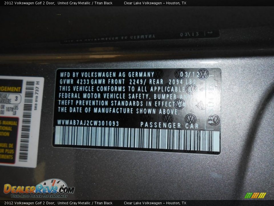 2012 Volkswagen Golf 2 Door United Gray Metallic / Titan Black Photo #21