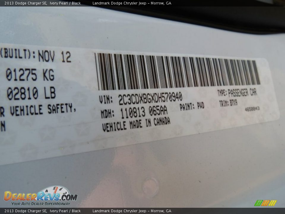 2013 Dodge Charger SE Ivory Pearl / Black Photo #10
