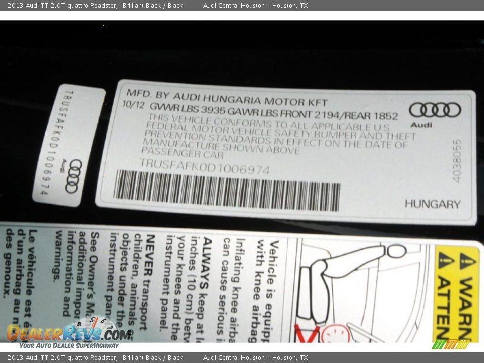 Info Tag of 2013 Audi TT 2.0T quattro Roadster Photo #28