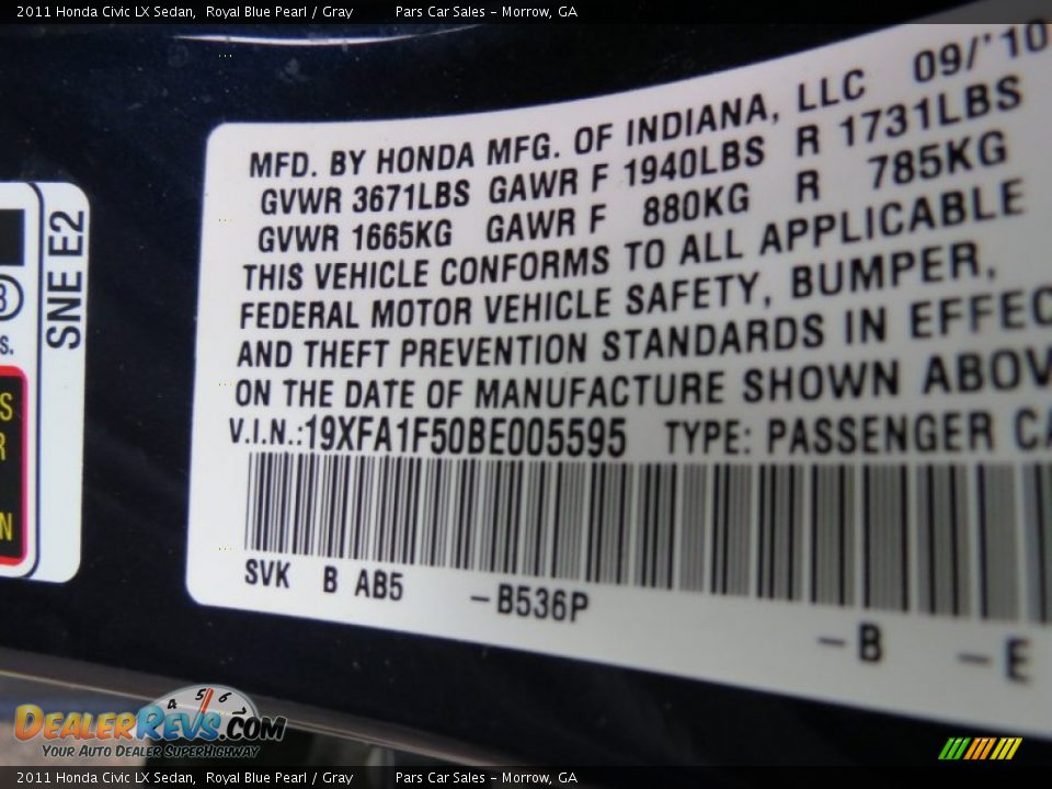 2011 Honda Civic LX Sedan Royal Blue Pearl / Gray Photo #14