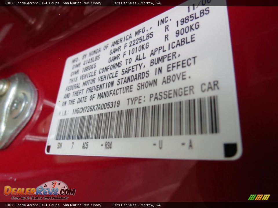 2007 Honda Accord EX-L Coupe San Marino Red / Ivory Photo #13
