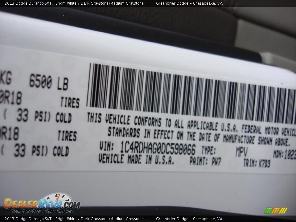 2013 Dodge Durango SXT Bright White / Dark Graystone/Medium Graystone Photo #16