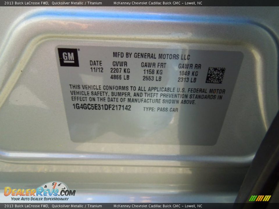 2013 Buick LaCrosse FWD Quicksilver Metallic / Titanium Photo #7