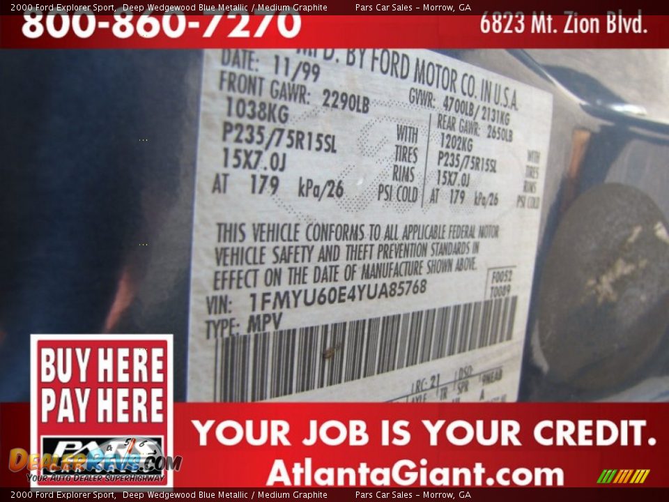 2000 Ford Explorer Sport Deep Wedgewood Blue Metallic / Medium Graphite Photo #12