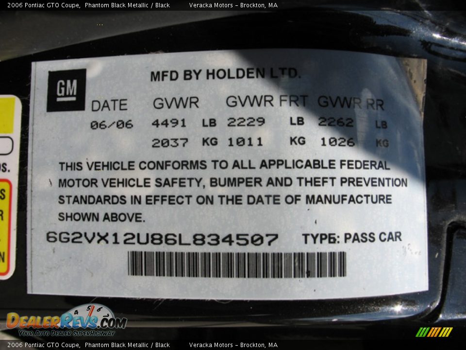 Info Tag of 2006 Pontiac GTO Coupe Photo #19