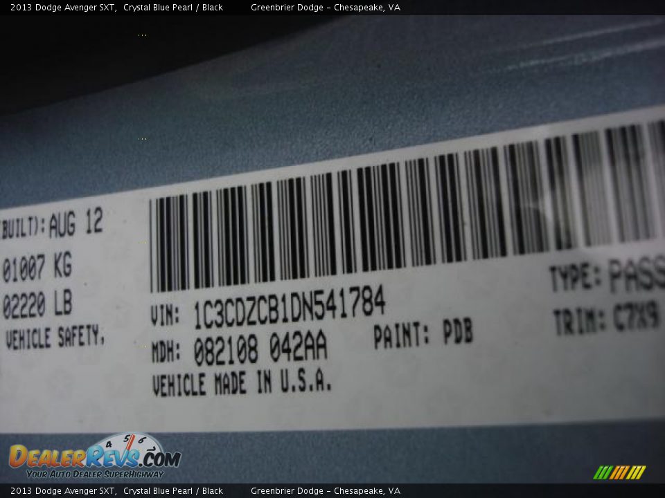 2013 Dodge Avenger SXT Crystal Blue Pearl / Black Photo #14