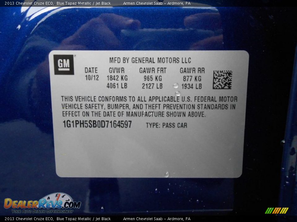 2013 Chevrolet Cruze ECO Blue Topaz Metallic / Jet Black Photo #15
