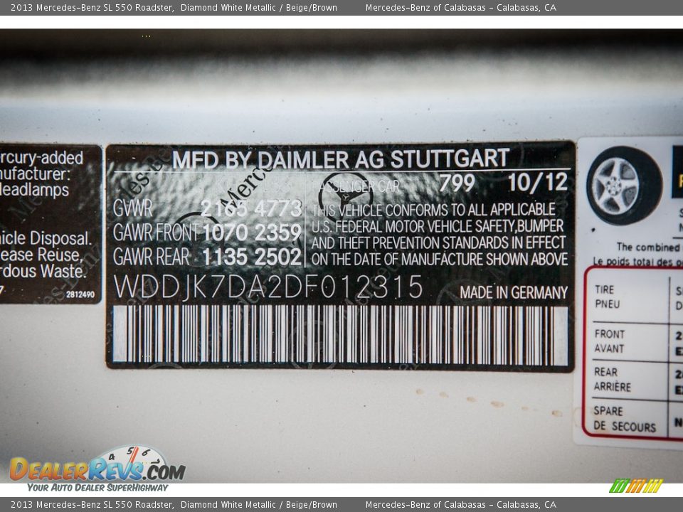 2013 Mercedes-Benz SL 550 Roadster Diamond White Metallic / Beige/Brown Photo #20