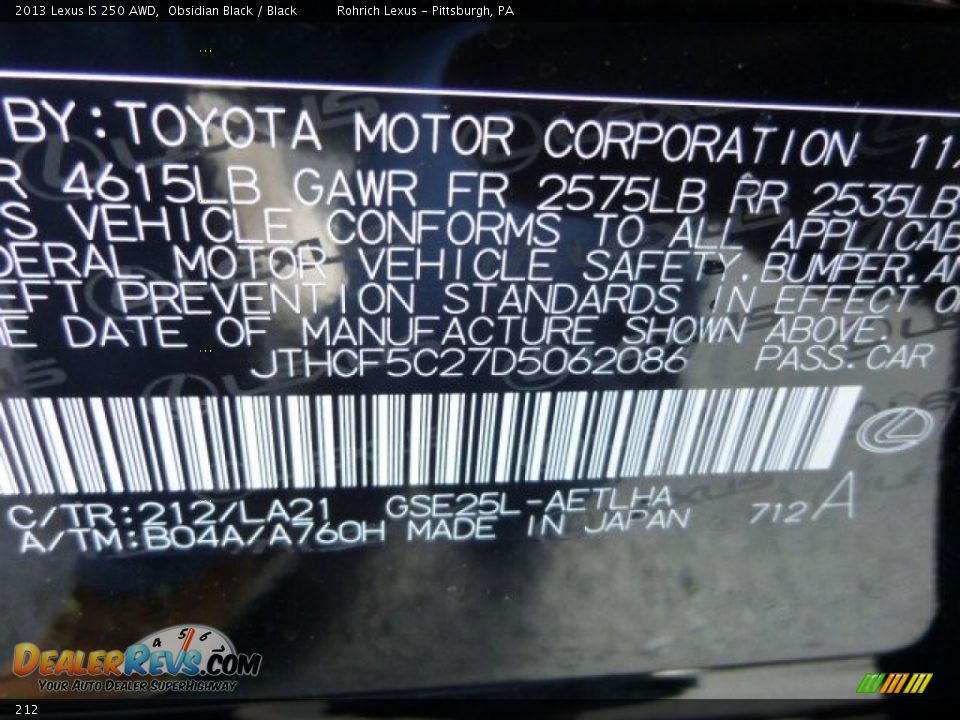 Lexus Color Code 212 Obsidian Black