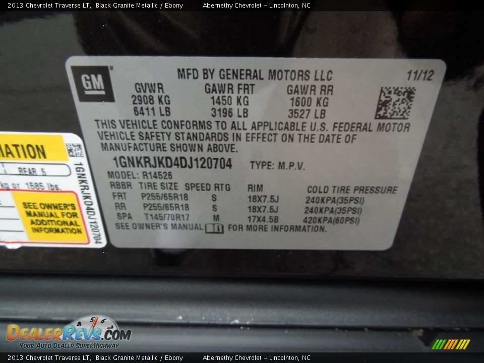 2013 Chevrolet Traverse LT Black Granite Metallic / Ebony Photo #7