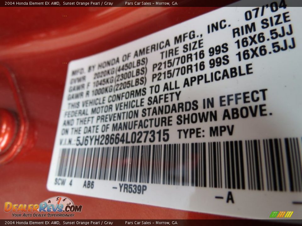 2004 Honda Element EX AWD Sunset Orange Pearl / Gray Photo #13